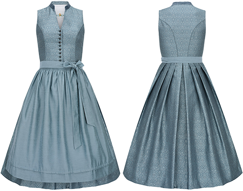 Fotografia produktowa odzieży typu duch – niebieska suknia ludowa na niewidocznym manekinie, widok przód i tył.