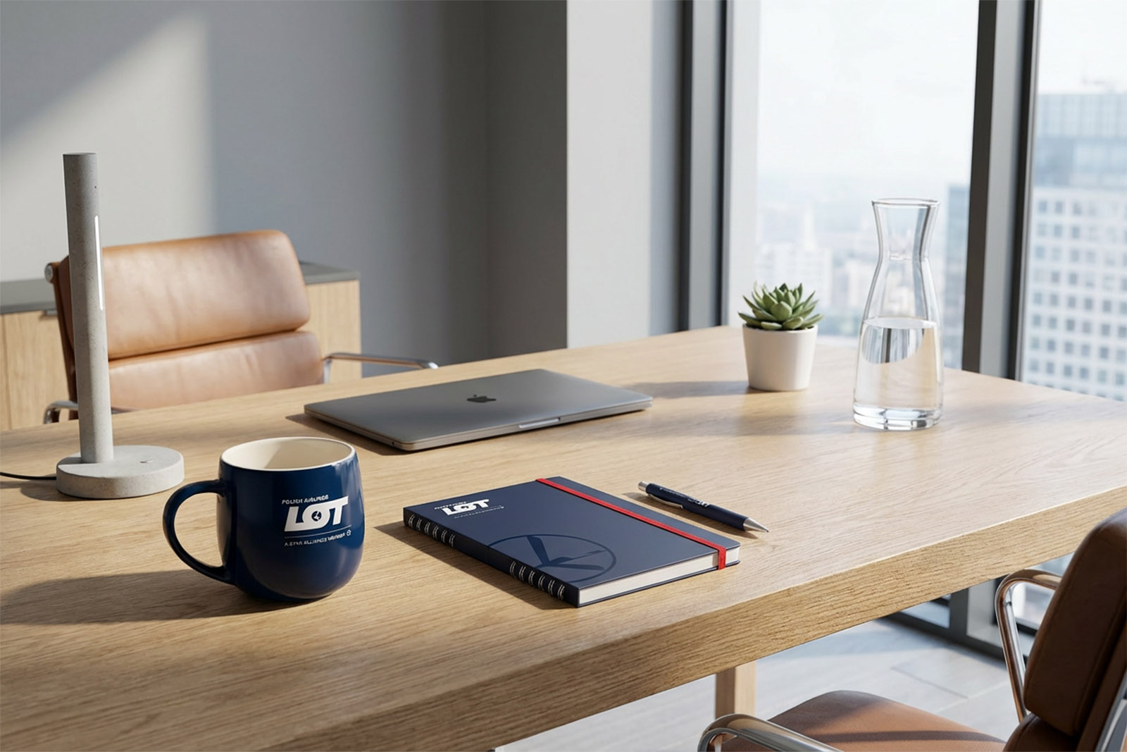 Aranżacja gadżetów firmowych i biznesowych wygenerowana przy użyciu AI – nowoczesna fotografia reklamowa produktów.