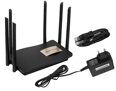 Profesjonalne zdjęcie produktowe elektroniki użytkowej, na jednym zdjęciu: router, zasilacz oraz kabel do internetu.