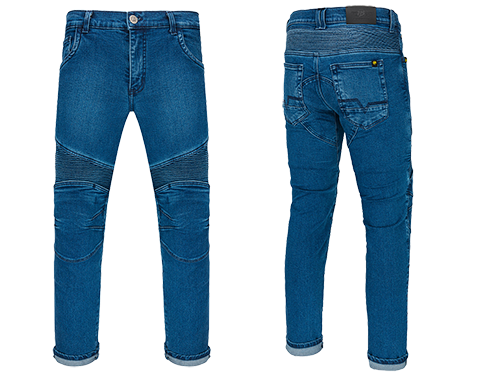 Packshotowa fotografia produktowa męskich spodni jeansowych, wykonanej w technice typu duch - przód i skos z tyłu